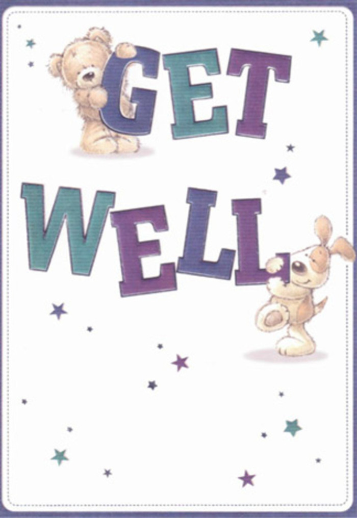 Capturing the heartfelt spirit of Longford, this get well card feels as carefully composed as a fresh bouquet arranged for a neighbour just off Colnbrook By-Pass. At its center, a delightfully fuzzy bear anchors the top of 'GET' with gentle resolve, while a playful puppy leans trustingly against 'WELL', both figures drawn with soft, inviting textures that evoke plush toys on a spring morning. Indigo and teal letters leap boldly from the page, while shimmering stars in blues and violets scatter around, like well-wishes floating over Longford's old churchyard. The bright, clean background enhances every cheerful detail, much as the daylight in a florist's shop brings out the hues of a new arrangement. The composition radiates both innocence and sincerity: from the expressive faces to each carefully placed typographic stroke, you can feel the same kind of nurturing intent that characterizes life in Longford. Presenting this card with fresh local blooms extends a tangible comfort-a gesture of genuine community care for anyone on the mend.
