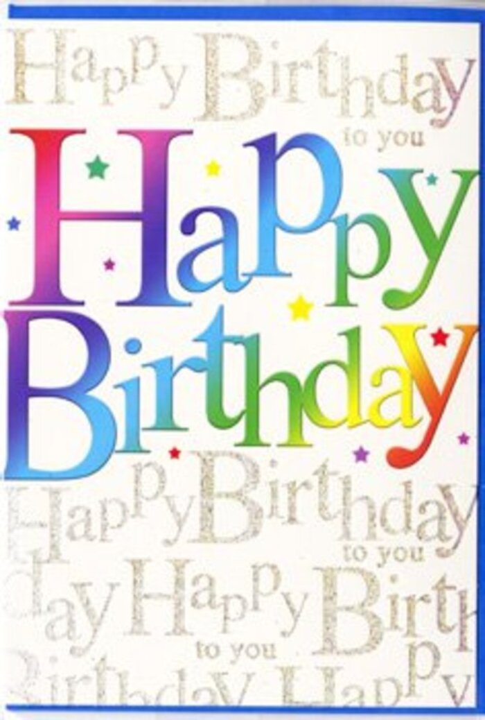 The photo showcases a radiant birthday card whose front design combines bold typography with luminous detail, much like a thoughtfully composed floral display from Florist Longford. Front and centre, the phrase "Happy Birthday" runs across the card in large, friendly letters with rounded edges, each letter painted in a smooth, multi-toned gradient that crosses the full rainbow. The colours shift from deep ruby and cherry shades to juicy orange and mellow yellow, then into fresh herb greens, tranquil blues, and hints of violet, creating a continuous sweep of colour that feels hopeful and celebratory, like a cheerful walk through Longford's surrounding lanes on a bright day. The transitions within each letter are silky and seamless, giving a sense of softness rather than sharp graphic lines. Behind this exuberant headline, the entirety of the background is scripted with repeating lines of "Happy Birthday to you" in fine, golden cursive. The script flows horizontally in tidy rows, the loops and curls echoing the natural curves of flower stems and ribbons, while the metallic gold ink or foil glimmers lightly across the surface. The sparkle is delicate, akin to afternoon light catching dewdrops or the glint of party lights reflected in a window overlooking Longford's greenery. Scattered gently around the central phrase are tiny spots and star-shaped accents in bright, coordinating colours, adding a sense of playful confetti drifting onto the scene. The overall background remains light and calm, allowing the rainbow letters and gold script to take centre stage. Taken together, the card gives off an impression of generous happiness and thoughtful design, well suited to accompany a hand-delivered birthday bouquet making its way to a doorstep in Longford.
