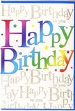 In this image, a lively and elegant birthday card stands proudly, its vivid front capturing the same spirit of celebration that a fresh birthday bouquet would bring to a Longford home. Across the middle, the words "Happy Birthday" appear in large, rounded letters that glow with a rich rainbow gradient. Each character flows through multiple tones, starting in shades of red and fuchsia, gliding into orange and bright yellow, and then cooling into greens, aquas, and blues, with subtle touches of purple at the edges. The blending is smooth and almost luminous, like light passing through coloured glass, making the greeting feel dynamic and full of life. Behind this bold statement, the card's background is densely overlaid with repeated lines of golden handwriting, the phrase "Happy Birthday to you" scripted over and over in graceful cursive. The gold has a sparkling, glitter-kissed quality, catching light in fine points yet staying soft enough not to clash with the main rainbow letters. Tiny starbursts, dots, and specks in matching colours float around the central phrase, giving a sense of movement and the impression of confetti thrown into the air during a birthday toast somewhere near Longford's village centre. The backdrop colour remains light and neutral, offering contrast so every letter and glimmering line stands out clearly. From the perspective of a florist's eye, the card's interplay of bold colour and delicate metallic accents echoes a well-balanced arrangement: bright, joyful, but never overwhelming. It's the sort of card you can imagine displayed beside a vibrant bouquet delivered in Longford, turning an ordinary birthday into a moment that feels truly celebrated.